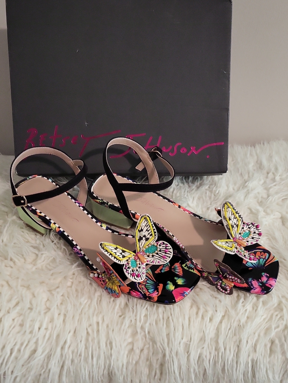 Betsey Johnson Black Multicolor Butterfly Ankle-Strap Sandals